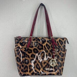 Leopard Print Patent Leather Tote Bag Red Straps Gold Hardware Wynn Chic
